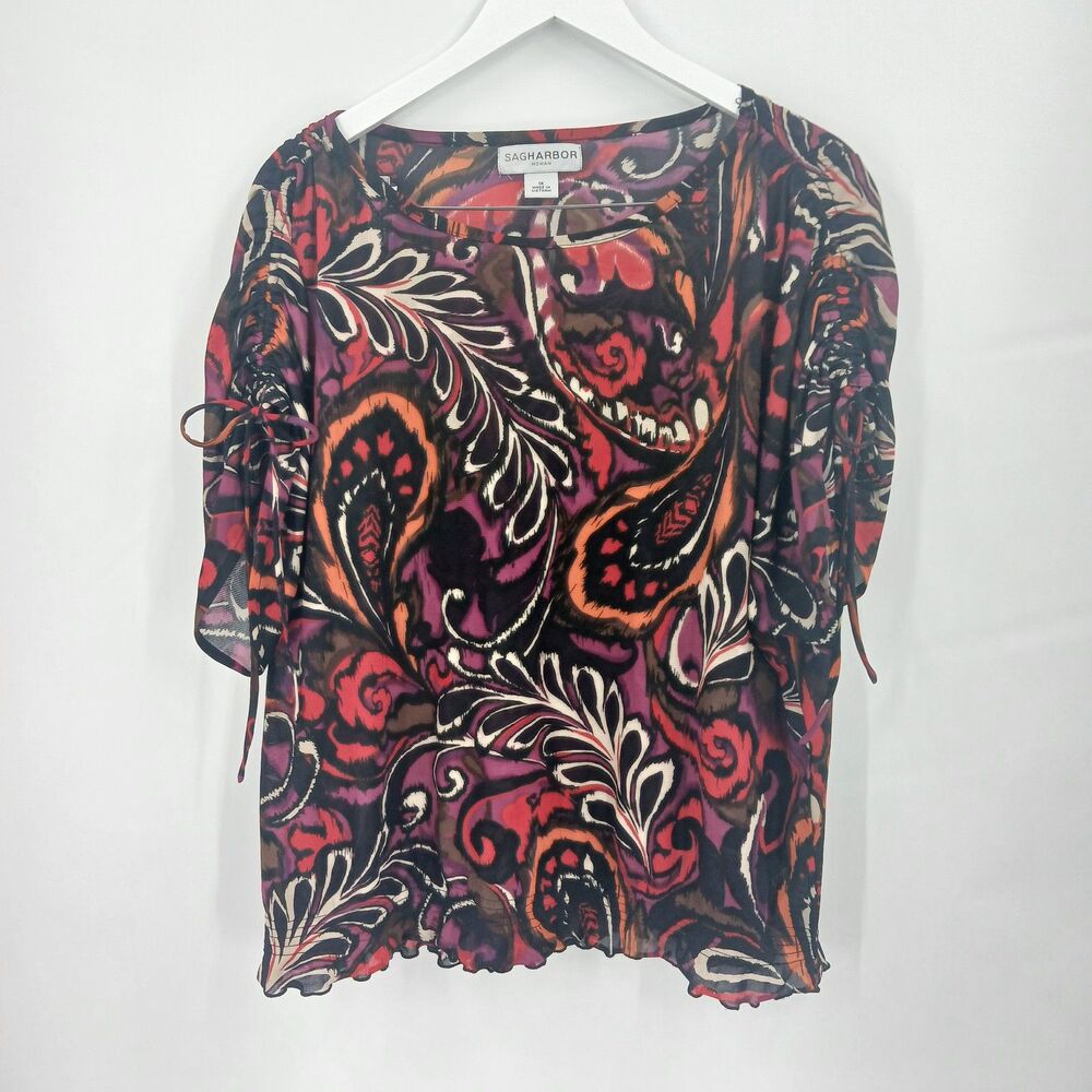 womans plus size 1X Sag Harbor Vintage Paisley Print Ruched Sleeve Blouse
